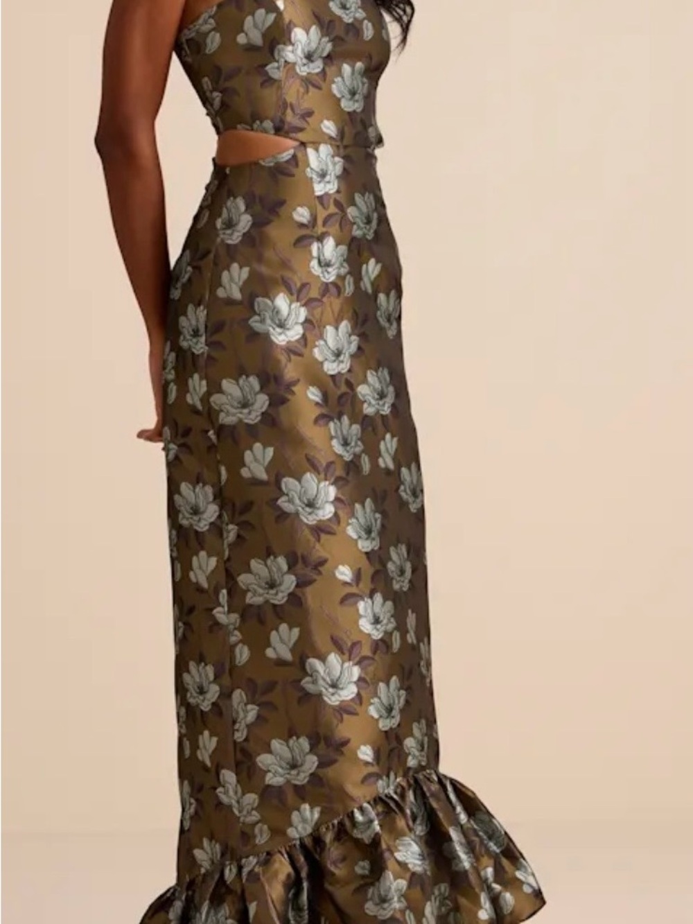 Lulu's Olive Gold Floral Strapless Maxi Dress - Picture 5 of 6